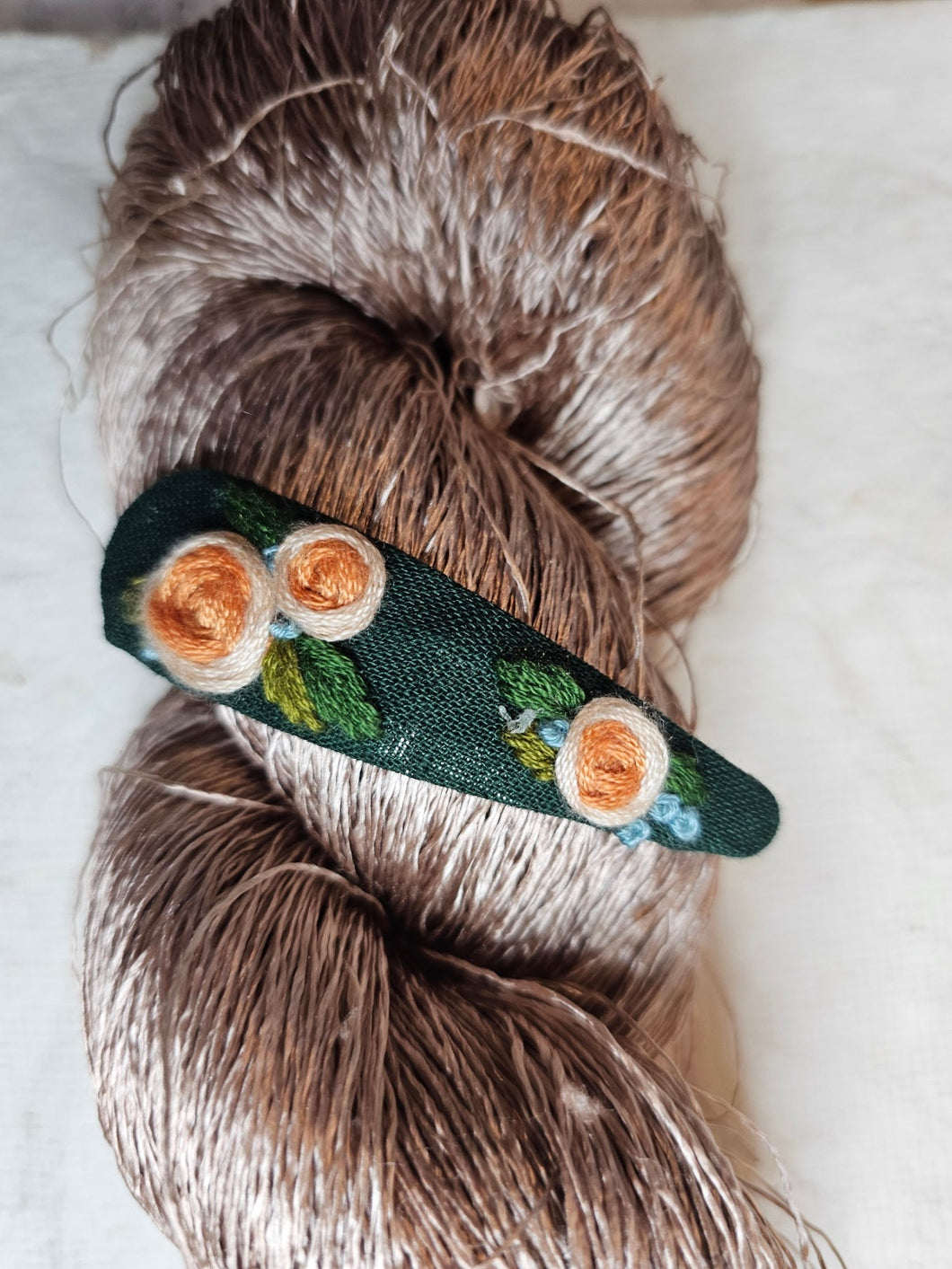 Green Hand Embroidered Flower Clip